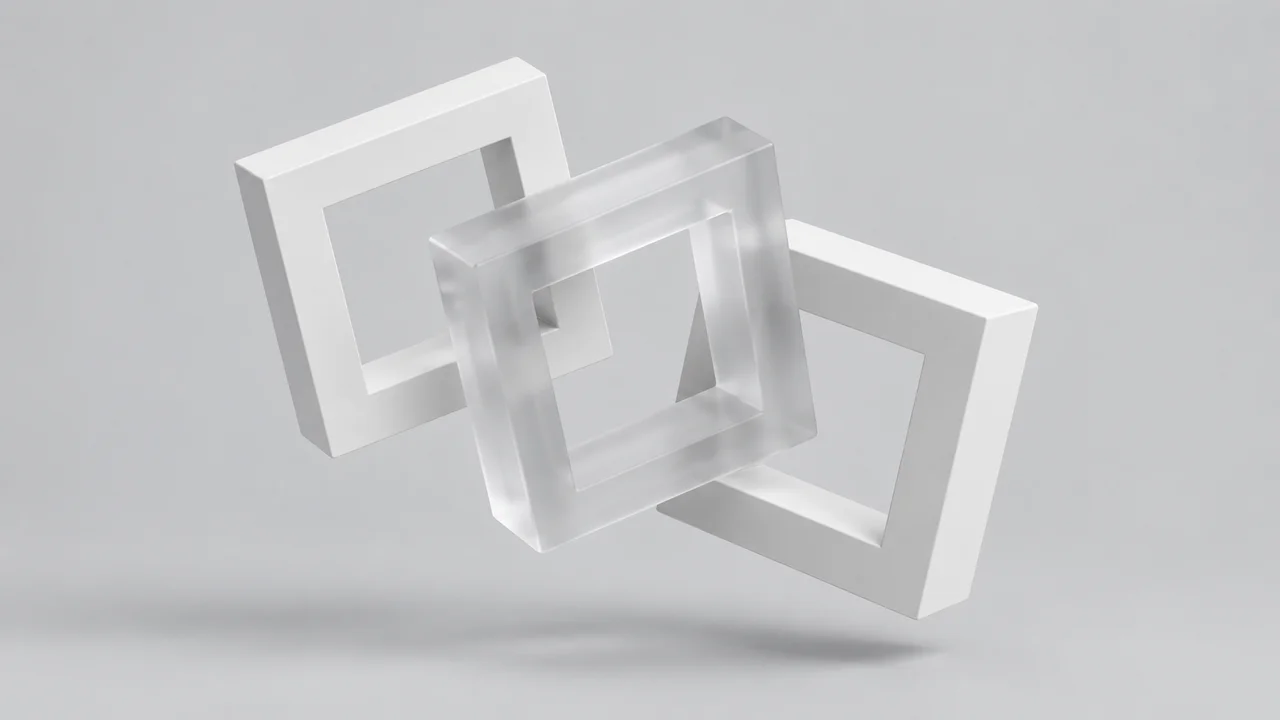 Three interlocking white and frosted glass square frames against a gray background.