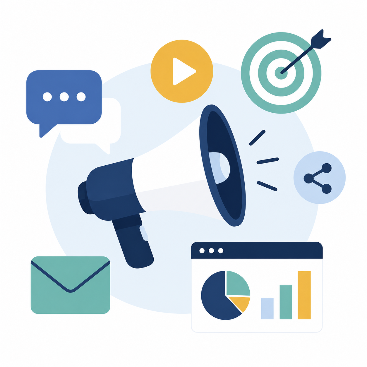 Illustration of coordinated communications with a megaphone, messages, media, goals, sharing, and analytics.