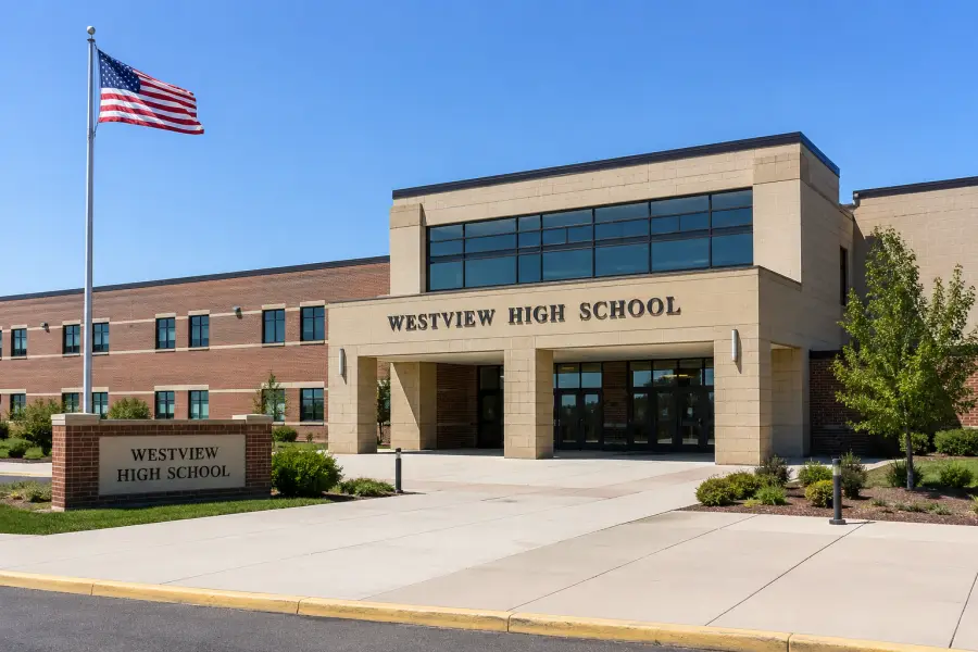 School building entrance with an American flag.